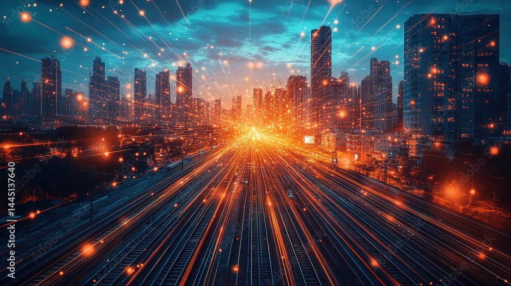 Obraz premium Futuristic Cityscape with Data Streams