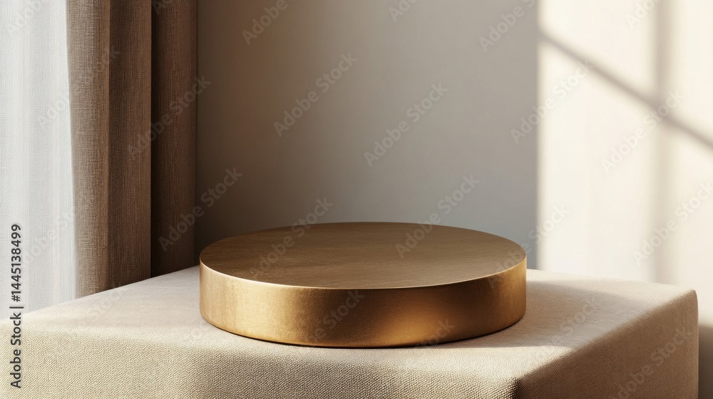 Gold Podium on Beige Textured Surface with Sunlight Gold Podium on Beige Textured Surface with Sunlight