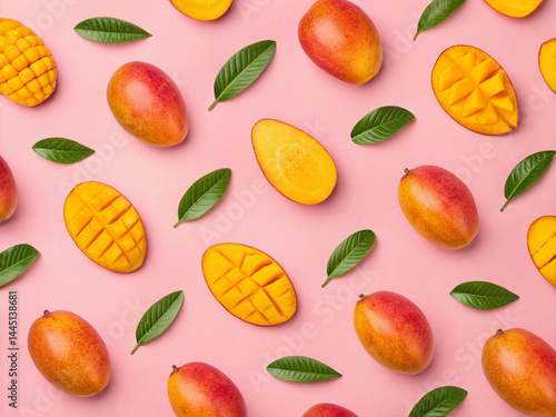 Mangoes neatly arranged at equal intervals. Fresh fruits. Pink background. Background material. Beauty. Antioxidants. Vitamins. Summer.