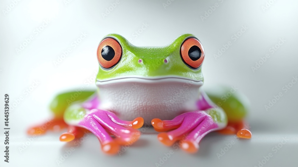 Obraz premium Red-eyed Tree Frog Vibrant Pink Toes, Smooth 3D Style, High-detail Close-up View, Shiny Texture, Peaceful Pose, White Background, Bright Tropical Mood, Perfect for Childrens Books