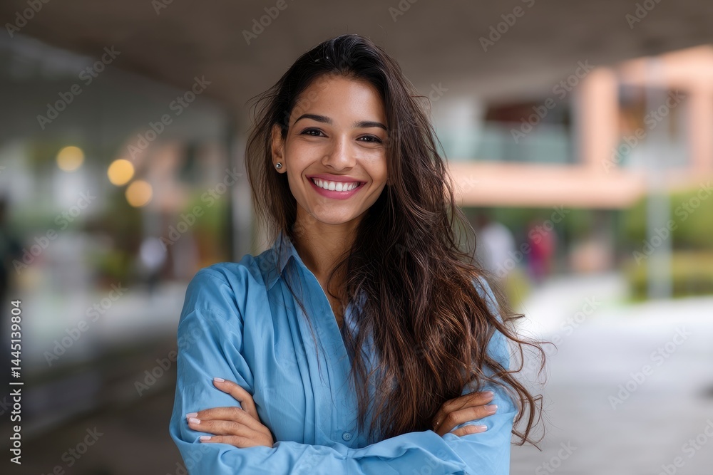 Fototapeta premium Smiling Woman in Blue Shirt with Arms Crossed