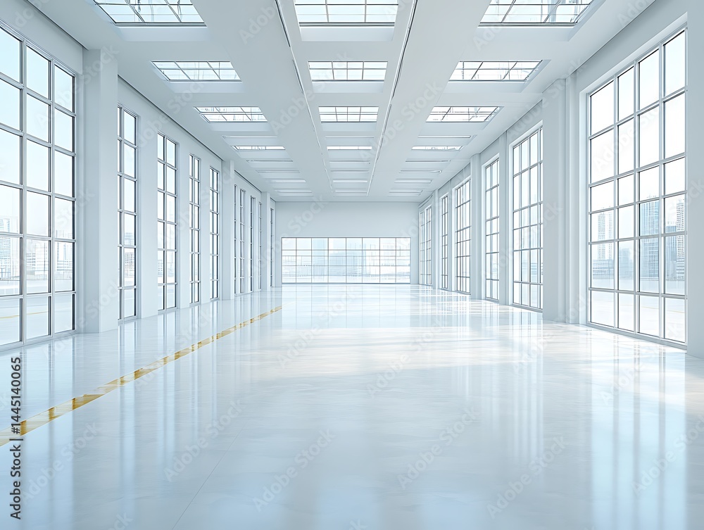 Bright, spacious, empty modern interior with large windows and city views Bright, spacious, empty modern interior with large windows and city views