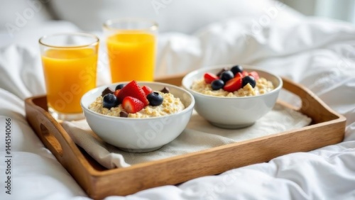 healthy breakfast with oatmeal topped with berries and orange juice served on a wooden tray in bed with white linens cozy morning scene concept of wellness hospitality nutrition marketing