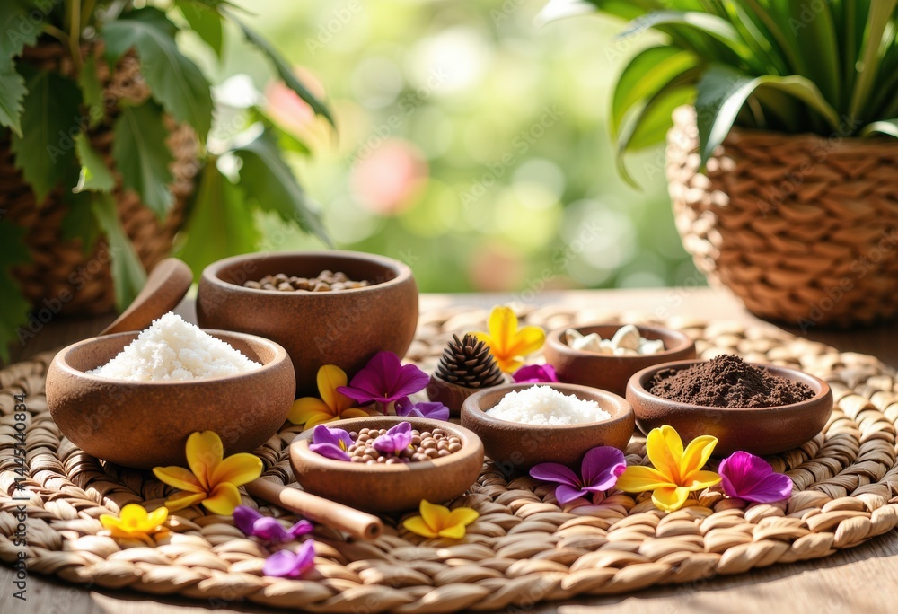 A beautiful arrangement of spices and herbs in clay bowls with flowers A beautiful arrangement of spices and herbs in clay bowls with flowers