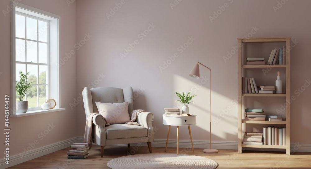 Fototapeta premium Cozy Interior with Armchair, Bookcase, and Natural Light Creating a Reading Nook