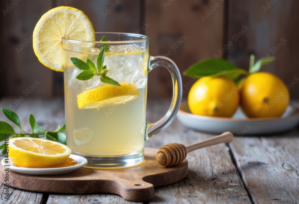 Fototapeta premium Refreshing lemon drink with honey and mint served in a glass