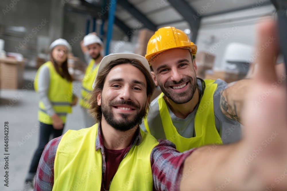 Workers Take Selfie in Factory or Warehouse Workers Take Selfie in Factory or Warehouse
