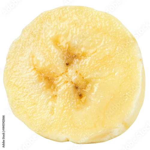 Banana slice isolated png. Sliced banana on white or transparent background. Cut banana no background. Round slice top view. Transparent png.