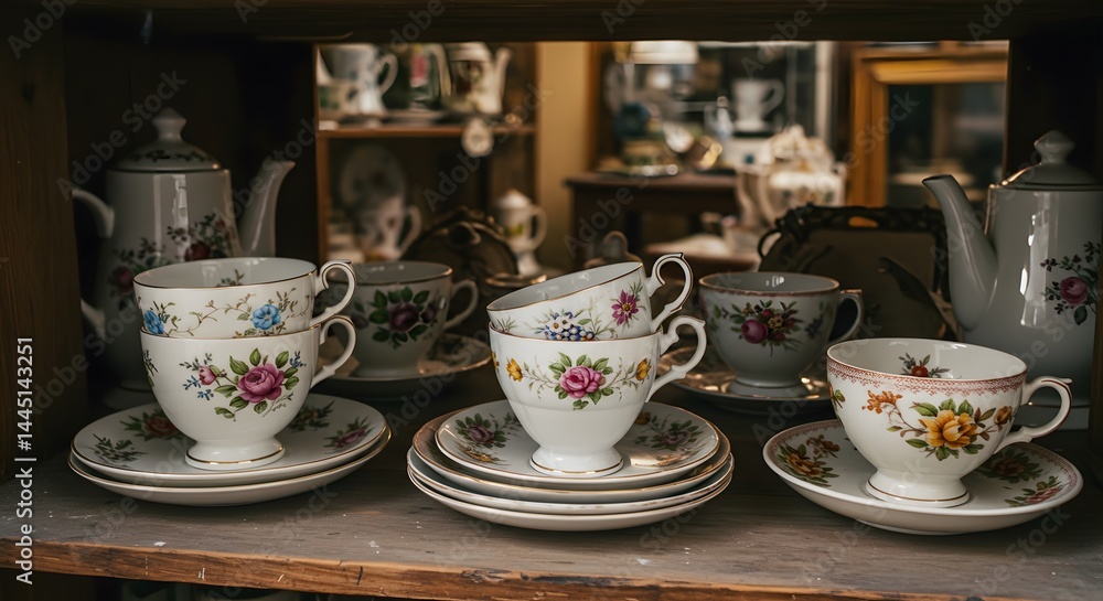Elegant tea set with floral designs, arranged with saucers and teapots in a vintage setting, creating a serene and classic ambiance. Elegant tea set with floral designs, arranged with saucers and teapots in a vintage setting, creating a serene and classic ambiance.