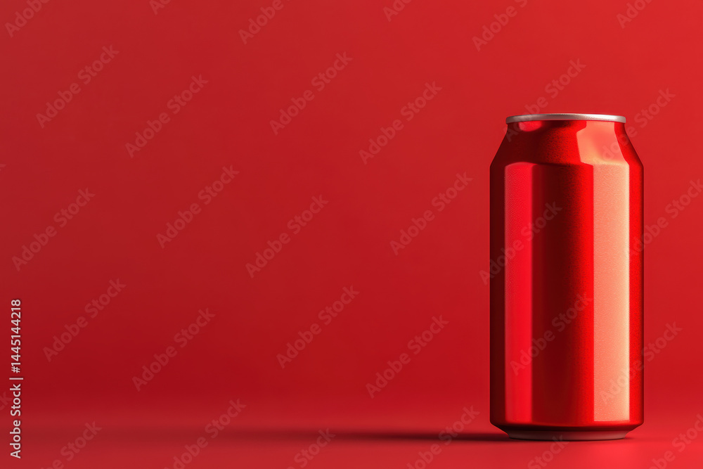 Red aluminum soda can on solid background with minimalist style for modern beverage presentation Red aluminum soda can on solid background with minimalist style for modern beverage presentation
