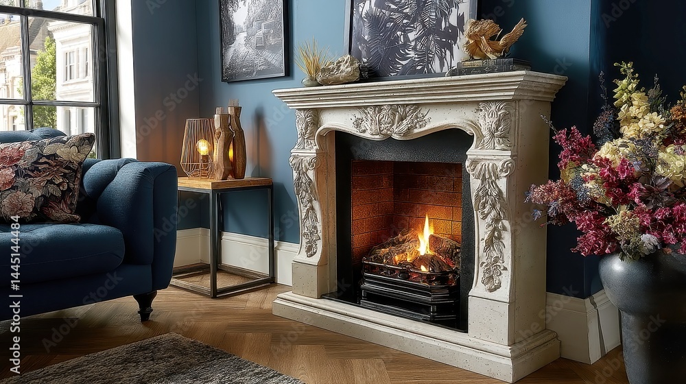 Elegant fireplace mantel adorned with monochrome artwork and sculptural pieces, framed by a rich sapphire blue wall and herringbone wood flooring, creating a sophisticated atmosphere. Elegant fireplace mantel adorned with monochrome artwork and sculptural pieces, framed by a rich sapphire blue wall and herringbone wood flooring, creating a sophisticated atmosphere.