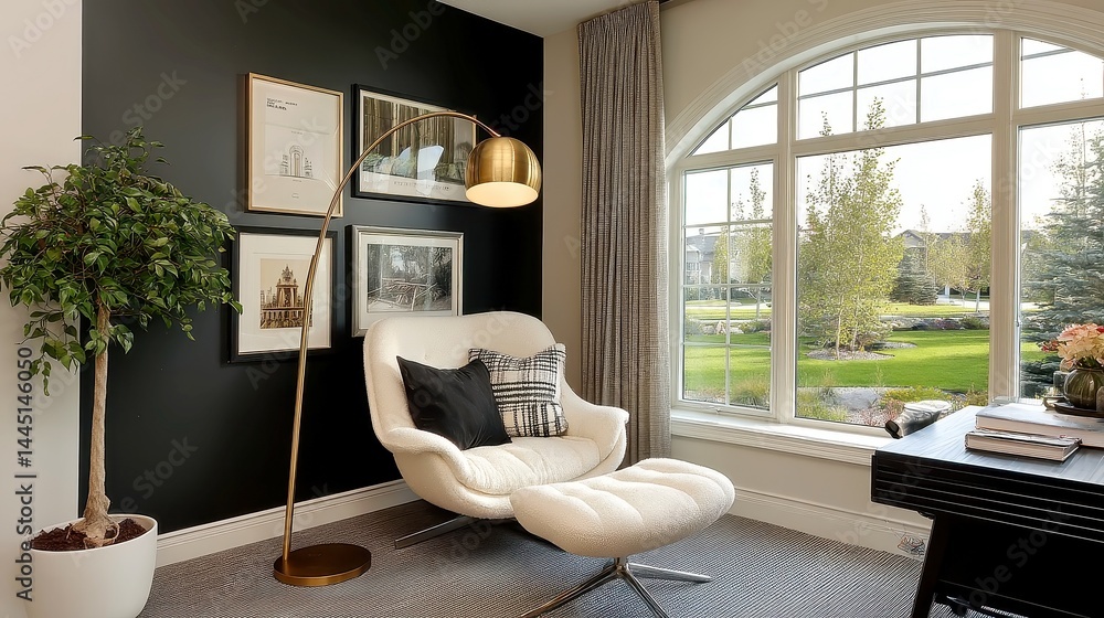 Fototapeta premium Contemporary reading nook featuring a boucle lounge chair, arched floor lamp, charcoal accent wall, curated art prints, cozy and stylish retreat for relaxation and inspiration.