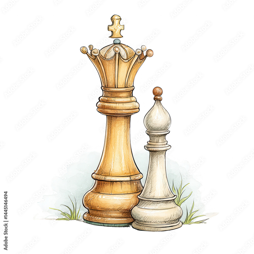 An isolated queen and bishop chess pieces stand together in a watercolor art. An isolated queen and bishop chess pieces stand together in a watercolor art.
