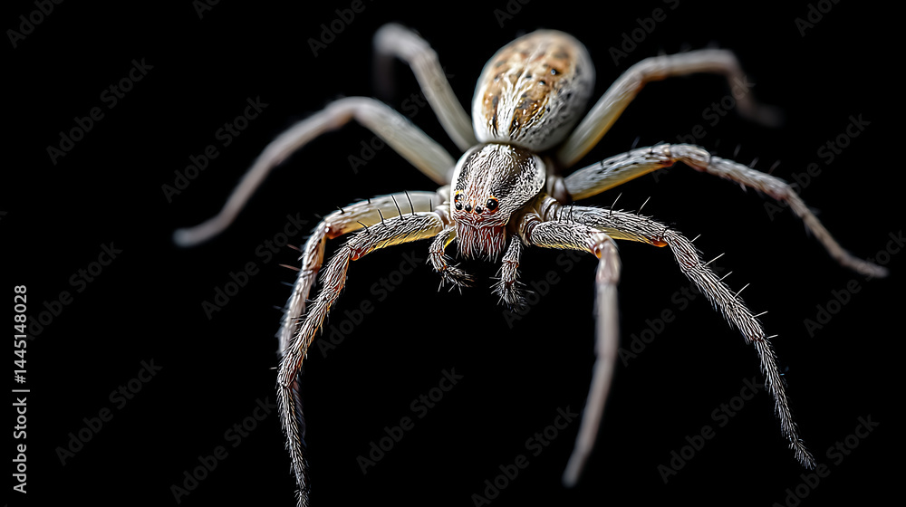 Close-up of a spider with detailed features against a black background showcasing its anatomy Close-up of a spider with detailed features against a black background showcasing its anatomy
