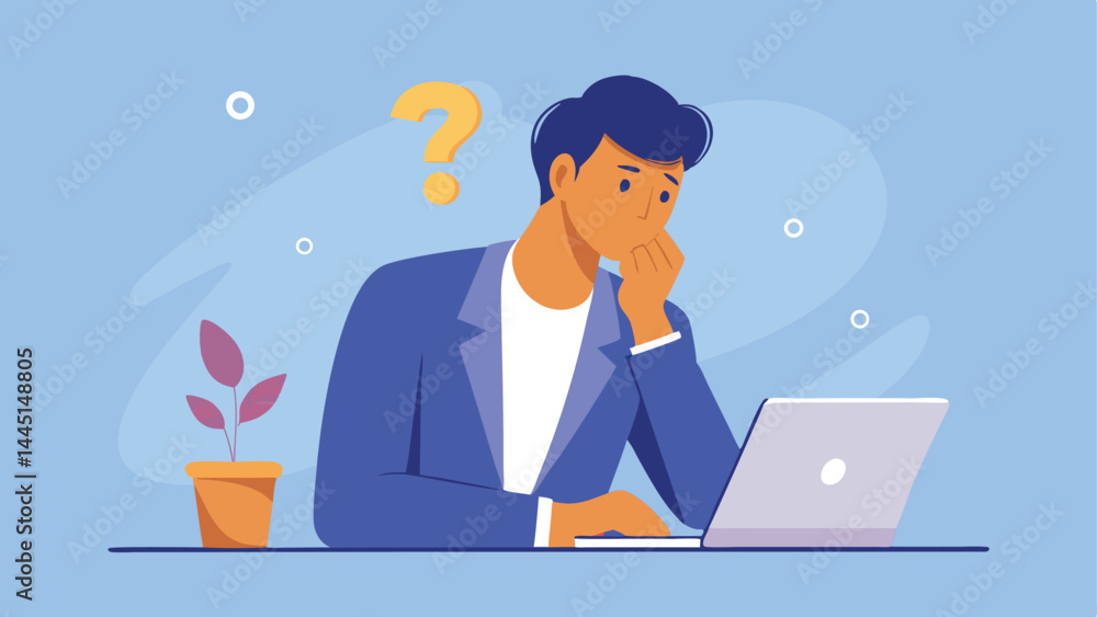 Contemplation, doubt or unsure, curiosity thinking to solve problem, question in the head, uncertainty or confusion, decision concept, businessman thinking on computer laptop with doubt question mark. Contemplation, doubt or unsure, curiosity thinking to solve problem, question in the head, uncertainty or confusion, decision concept, businessman thinking on computer laptop with doubt question mark.