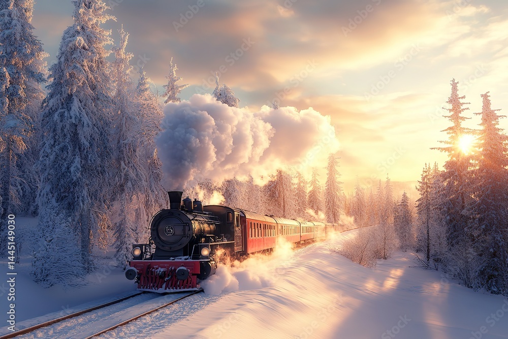 Nostalgic Steam Train Journey Through Snowy Forest Landscape At Golden Hour Sunlight Nostalgic Steam Train Journey Through Snowy Forest Landscape At Golden Hour Sunlight