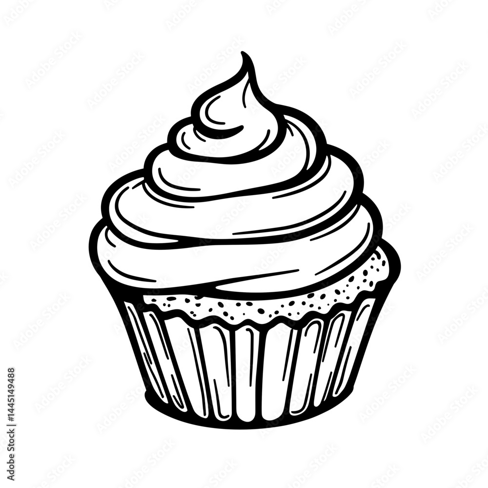Hand-drawn cupcake with icing in black and white style Hand-drawn cupcake with icing in black and white style