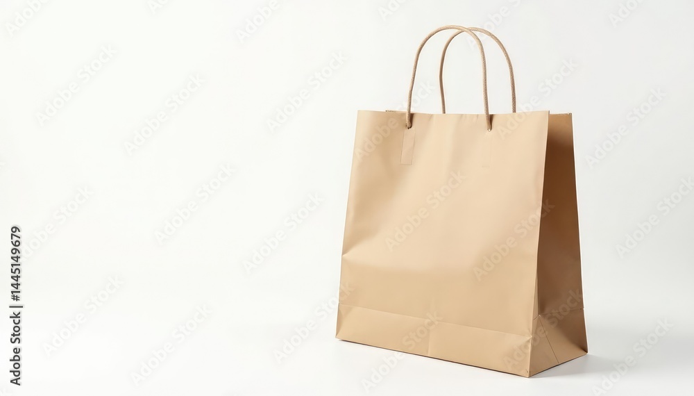 Empty brown paper shopping bag, isolated on white background, minimal, shopping bag, handle Empty brown paper shopping bag, isolated on white background, minimal, shopping bag, handle