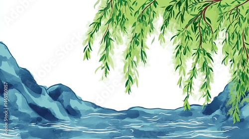 Green willow leaves, green mountains