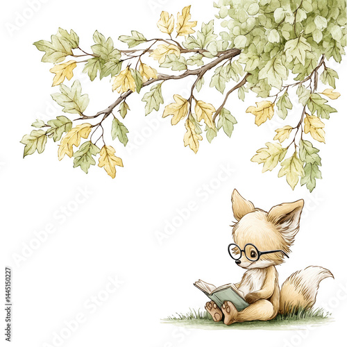 Adorable fox reading book under a leafy tree in a watercolor illustration.