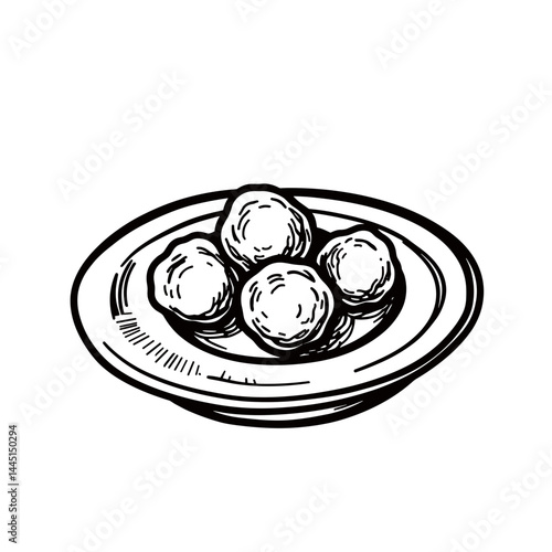 Plate of Meatballs with Hand-drawn Style in Black and White  