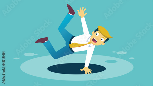 Failure or mistake causing catastrophe despair, problem or risk from crisis or recession, danger or business accident, trouble, loss or pitfall concept, terrified businessman fall down into the hole.