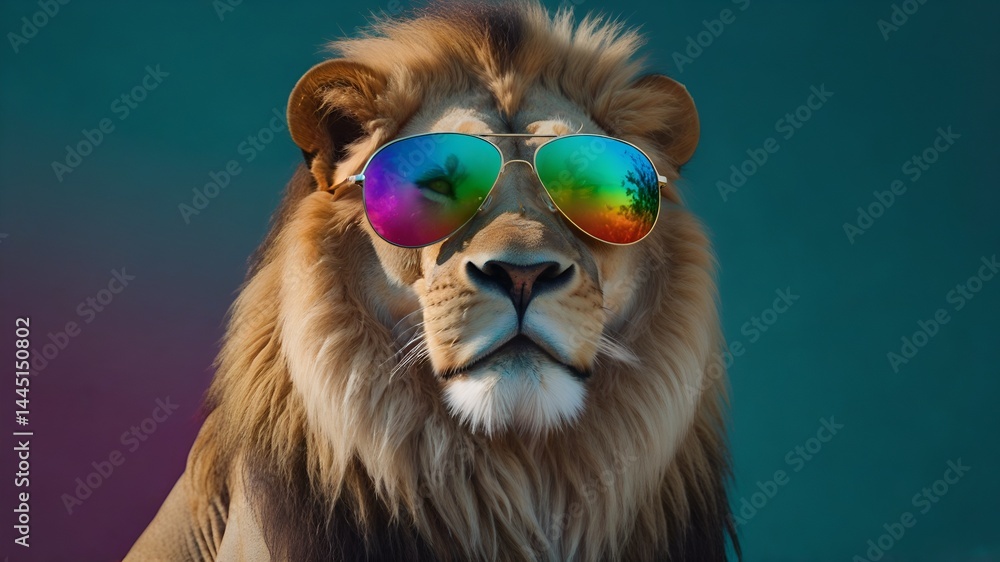 Cool Lion Wearing Rainbow Sunglasses on Vibrant Background – Stylish Animal Portrait Cool Lion Wearing Rainbow Sunglasses on Vibrant Background – Stylish Animal Portrait