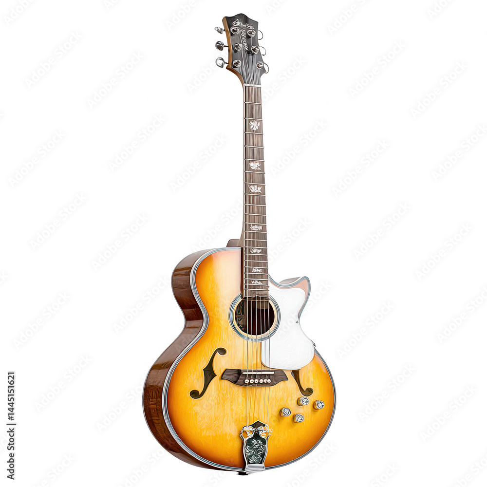 Obraz premium Sunburst acoustic electric guitar with ornate details stands on white backdrop