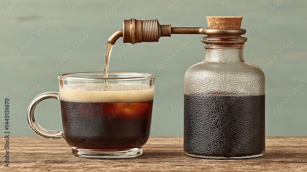 Cold brew coffee being poured into a glass with ice cubes on a wooden table Cold brew coffee being poured into a glass with ice cubes on a wooden table
