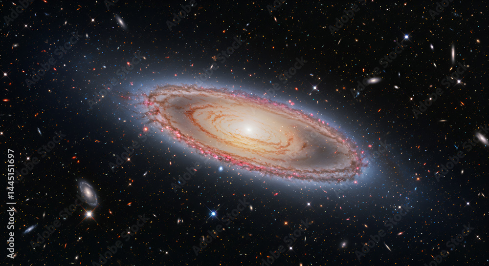Naklejka premium Spiral galaxy, vibrant colors, surrounded by cosmic dust and stars