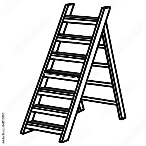 A simple, hand-drawn illustration of a wooden ladder with seven rungs. The ladder stands upright in an A-frame shape, featuring wide base legs for stability. It is depicted in black outlines.