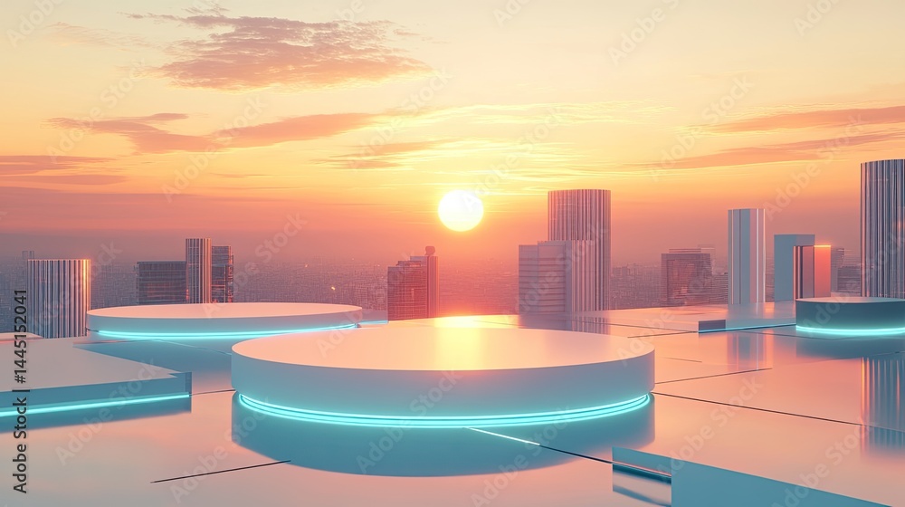 Fototapeta premium Sunset Cityscape Futuristic Platform Display.