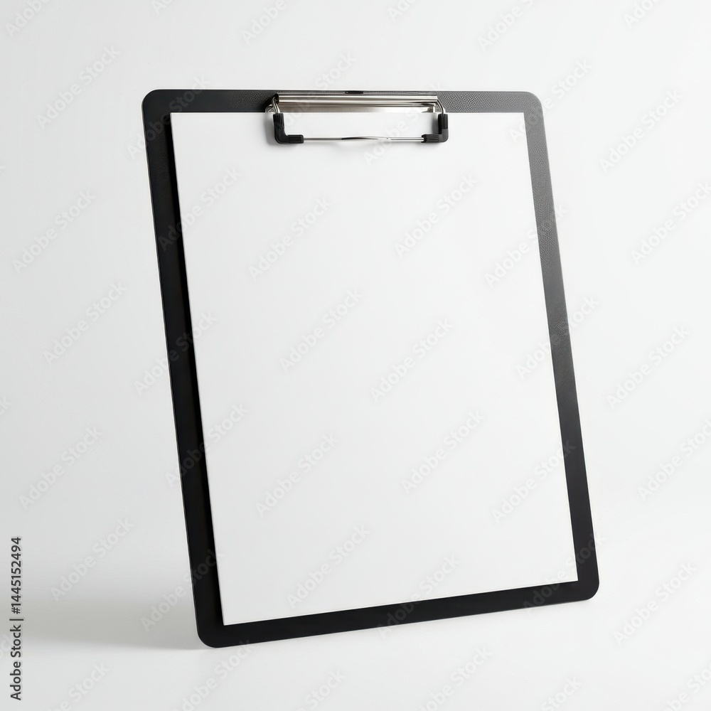 A clipboard with a black frame and a blank white sheet of paper standing against a white background A clipboard with a black frame and a blank white sheet of paper standing against a white background