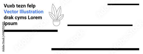 Abstract layout with placeholder text, bold black lines, and a potted plant graphic. Ideal for editorial design, website mockups, modern minimalism, branding, typography, web wireframing flat