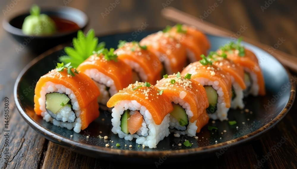 Variety of sushi rolls on a plate, wasabi, soy sauce, food, appetizing, sashimi Variety of sushi rolls on a plate, wasabi, soy sauce, food, appetizing, sashimi