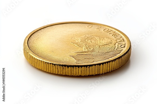 Shiny gold coin close up detailed view of a 20 Kronor coin reflecting light isolated on white