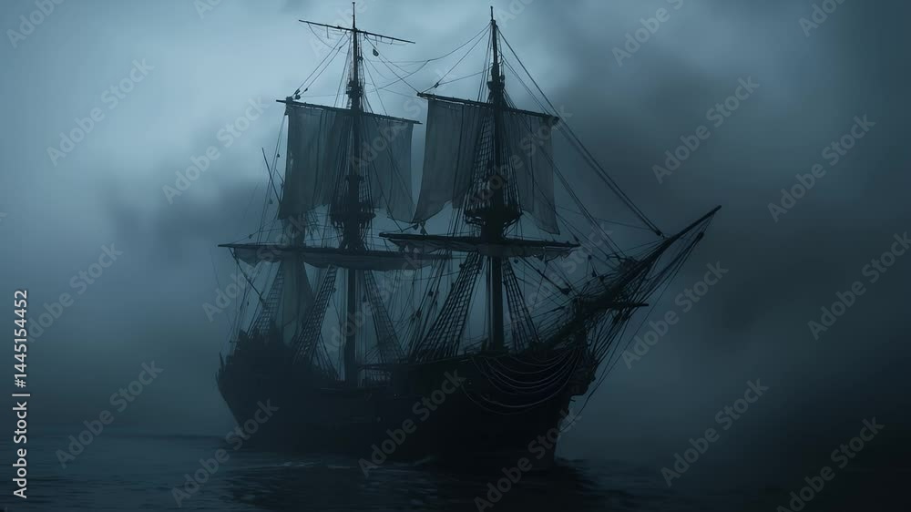 A tall ship sails through a misty sea silhouetted against a dark ominous sky creating a dramatic and mysterious scene A tall ship sails through a misty sea silhouetted against a dark ominous sky creating a dramatic and mysterious scene