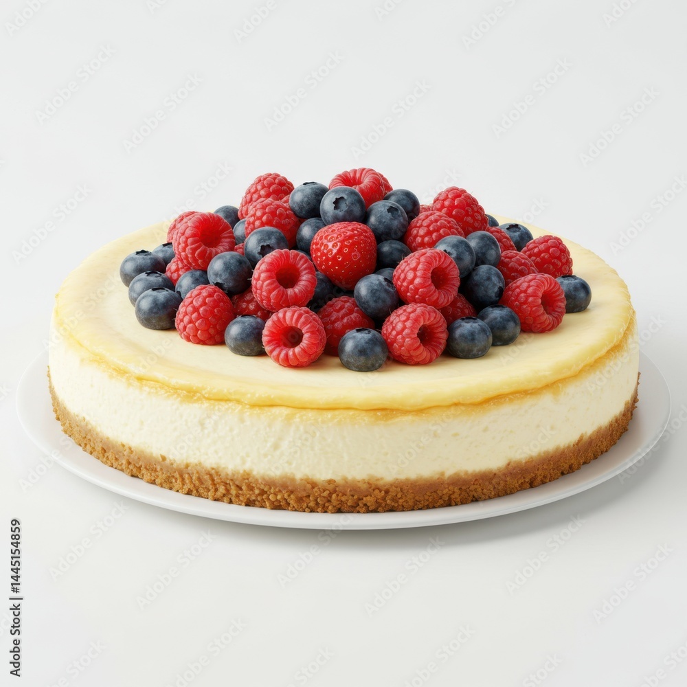 A cheesecake topped with fresh raspberries and blueberries on a white plate against a white background A cheesecake topped with fresh raspberries and blueberries on a white plate against a white background