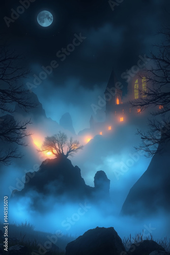 Enchanted Mountain Castle at Night