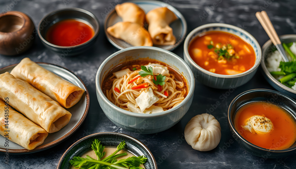 selection of asian food- spring roll, samosa, fried noodles, soup, rice and dumpling, smooth light. with white shades selection of asian food- spring roll, samosa, fried noodles, soup, rice and dumpling, smooth light. with white shades