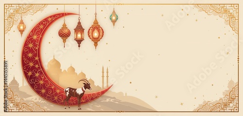 Eid ul-Adha Mubarak Greeting with Crescent Moon, Lanterns, and Sacrificial Sheep in a Festive Night Sky