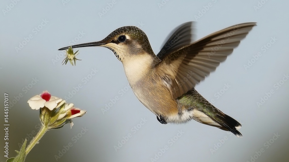 Naklejka premium Hummingbird with Insect Near Flower