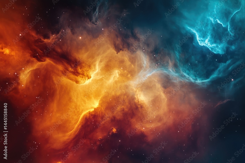 Fototapeta premium A breathtaking cosmic landscape of vibrant orange and teal nebulae, swirling gases and distant stars.
