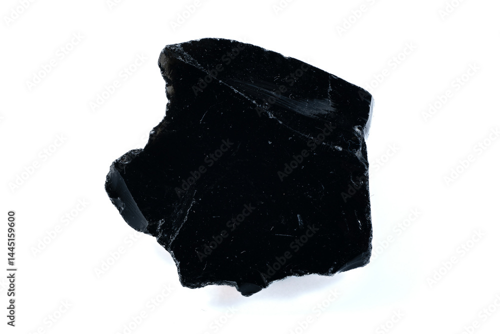 Natural Black Obsidian Rock Specimen Isolated on White Background