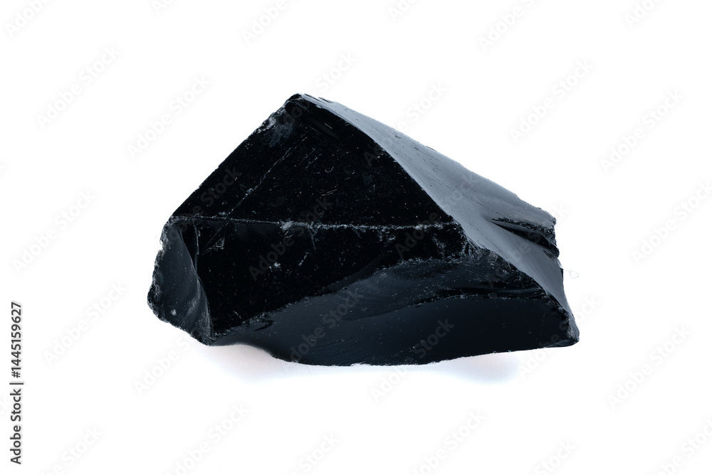 Natural Black Obsidian Stone Specimen Isolated on White Background