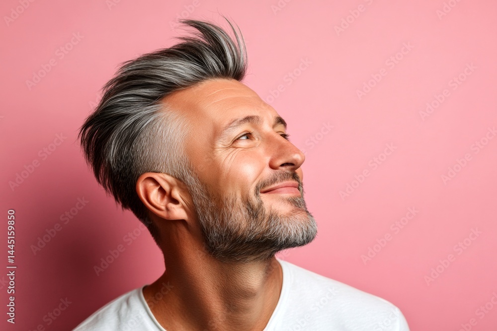 Fototapeta premium Conceptual art of style for aging men. Pink solid background. A warm and friendly man radiating happiness. Fashionable men's low fade haircut - midlife white man with grey hair.