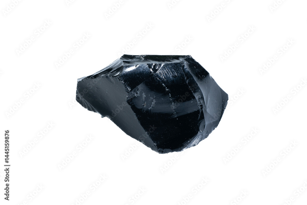 Natural Black Obsidian Stone Mineral Specimen Isolated on White Background