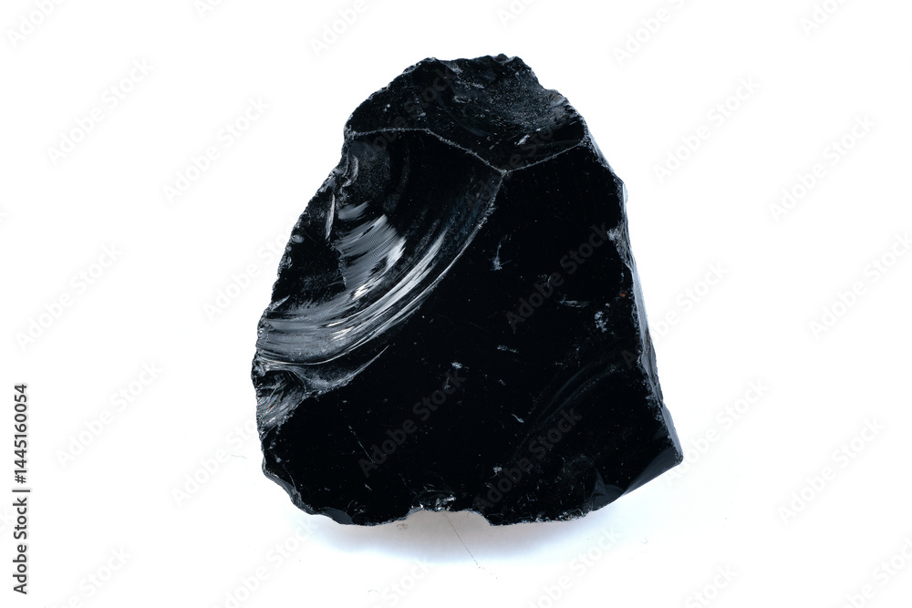 Shiny Natural Obsidian Rock Isolated on White Background Showing Smooth Reflective Surface and Conchoidal Fracture Patterns