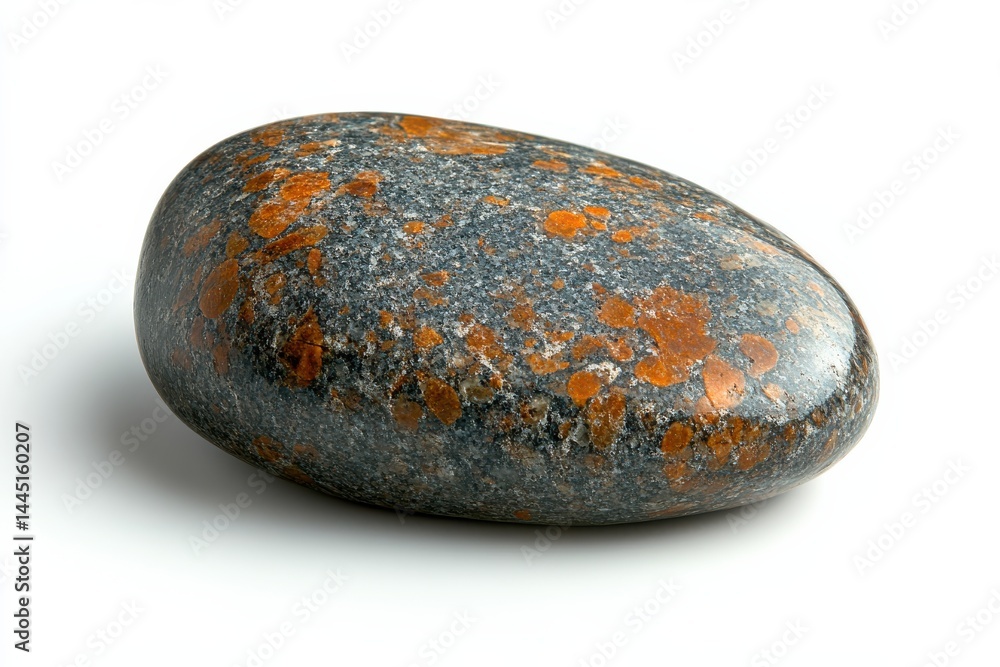 Smooth grey stone with orange speckles isolated on white background Detailed macro shot of a Smooth grey stone with orange speckles isolated on white background Detailed macro shot of a