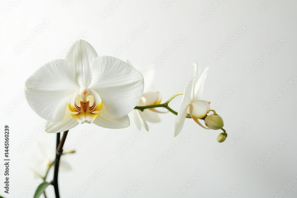 Obraz premium Delicate white orchid blossom against pure white backdrop, fragile, white